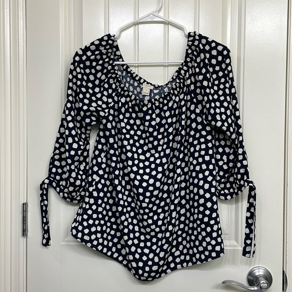 J. Crew Off The Shoulder Polka Dot Top Navy White Summer Blouse Size XS